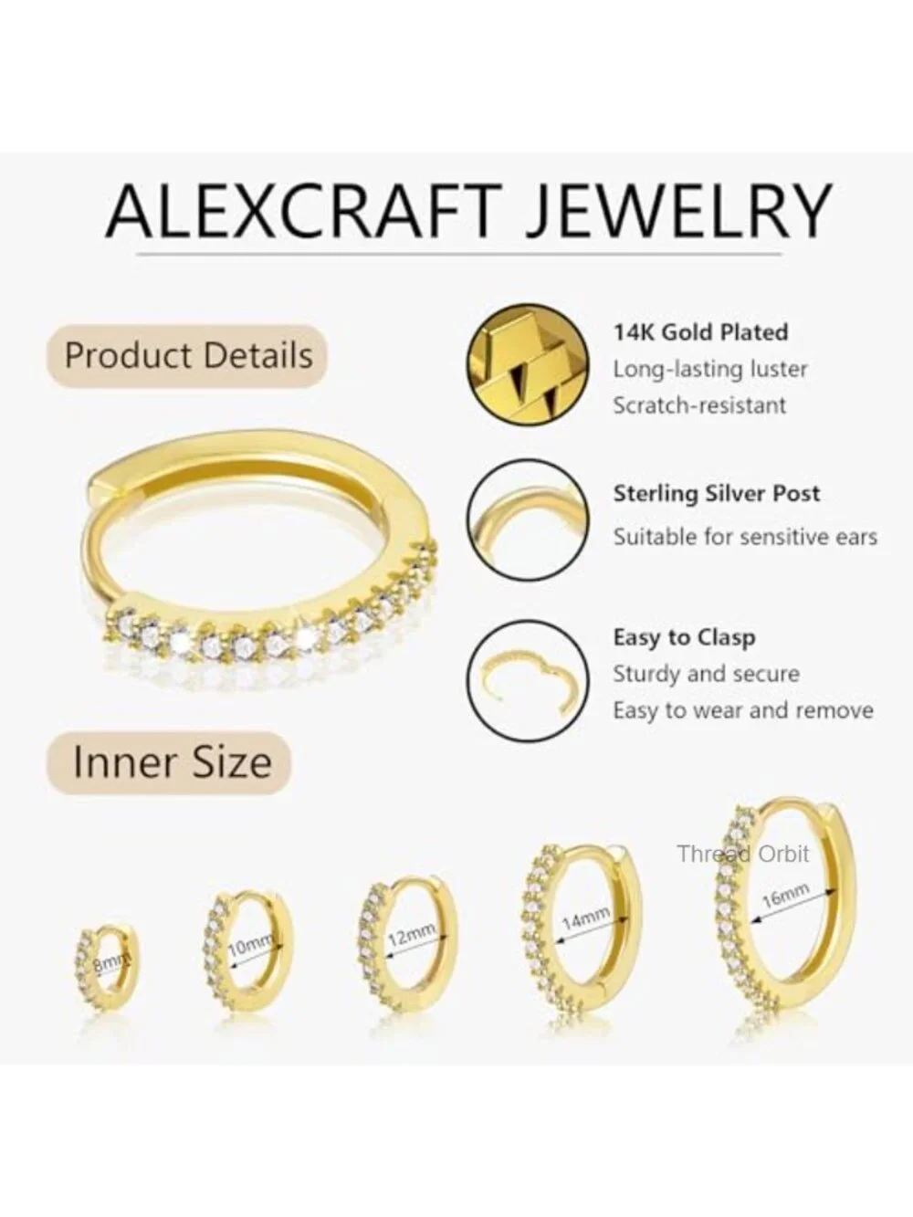 5 Pairs 14K Gold Plated Hoop Earrings Set for Women Huggie Cartilage Tragus